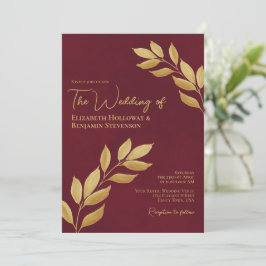 Wistful Leaves Elegant Burgundy & Gold Wedding Einladung