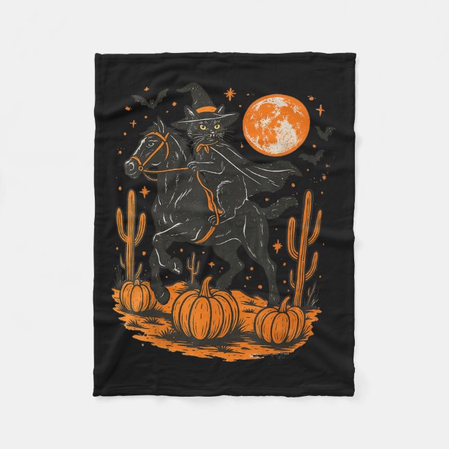 Witch Black Cat Riding Horse Halloween Pumpkin Moo Fleecedecke (Vorderseite)