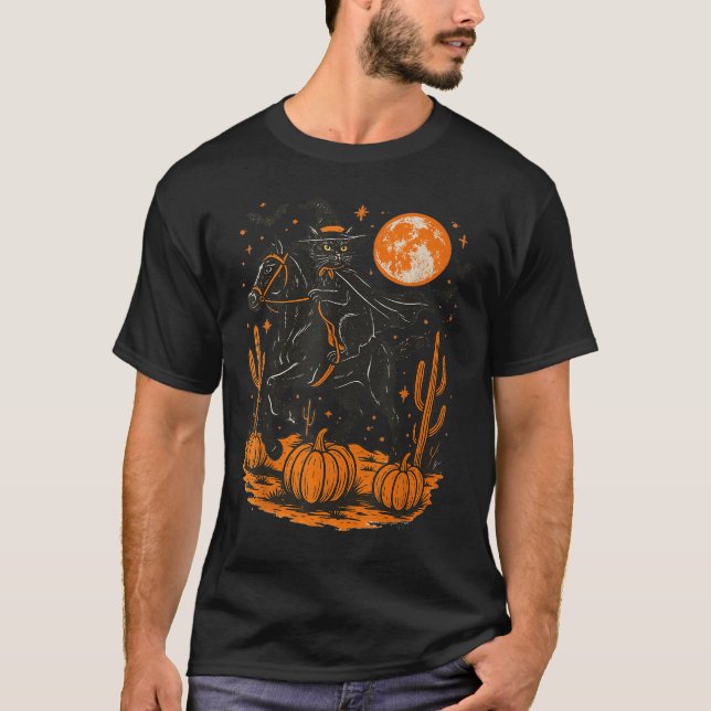 Witch Black Cat Riding Horse Halloween Pumpkin Moo T-Shirt (Vorderseite)