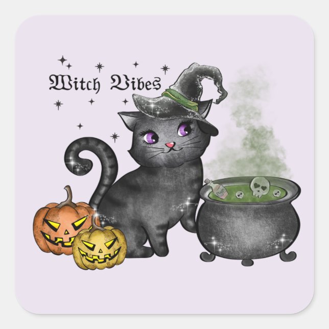 Witch Black Cat | Witch Vibes Quadratischer Aufkleber (Vorderseite)