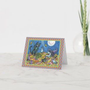 WITCH & BLACK CATS RAKING LEAVES HALLOWEEN CARD KARTE