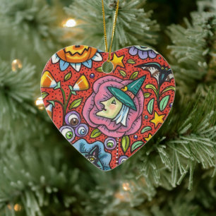 WITCH, CAT, GHOST, FARBIGE HALLOWEEN FOLKGARTEN KERAMIK ORNAMENT