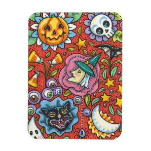 WITCH, CAT, GHOST, FARBIGE HALLOWEEN FOLKGARTEN MAGNET