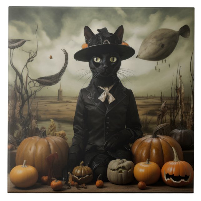 Witch Cat with Pumpkins  Fliese (Vorderseite)