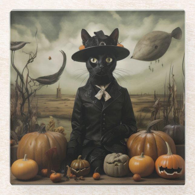 Witch Cat with Pumpkins  Glasuntersetzer (Vorderseite)