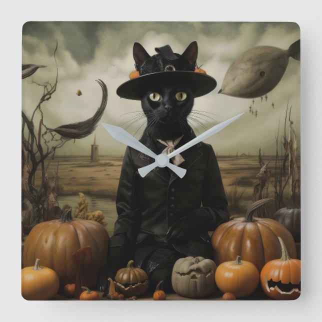 Witch Cat with Pumpkins  Quadratische Wanduhr (Vorderseite)