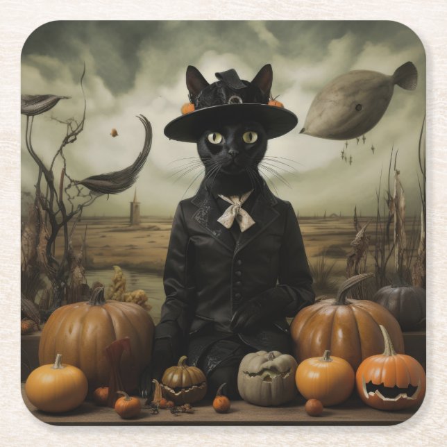 Witch Cat with Pumpkins  Rechteckiger Pappuntersetzer (Vorderseite)