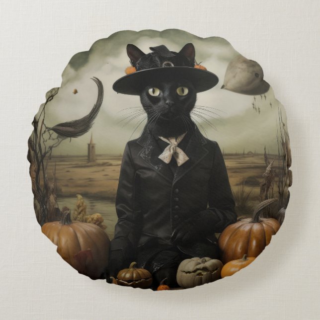 Witch Cat with Pumpkins  Rundes Kissen (Vorderseite)