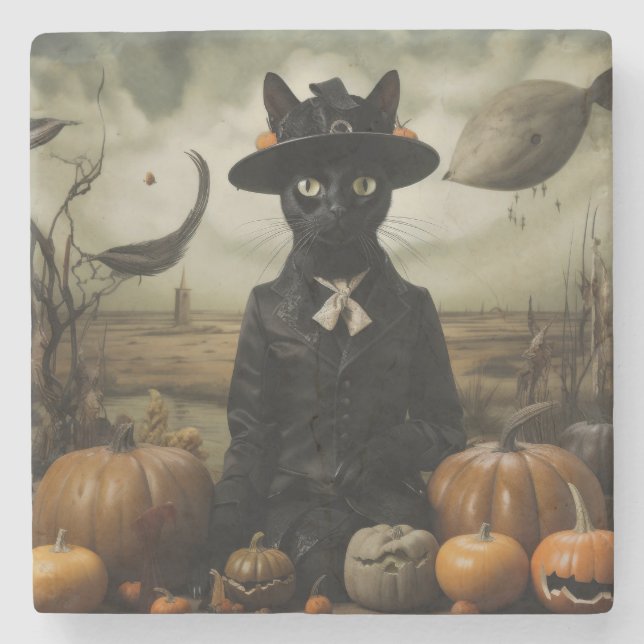 Witch Cat with Pumpkins  Steinuntersetzer (Vorderseite)