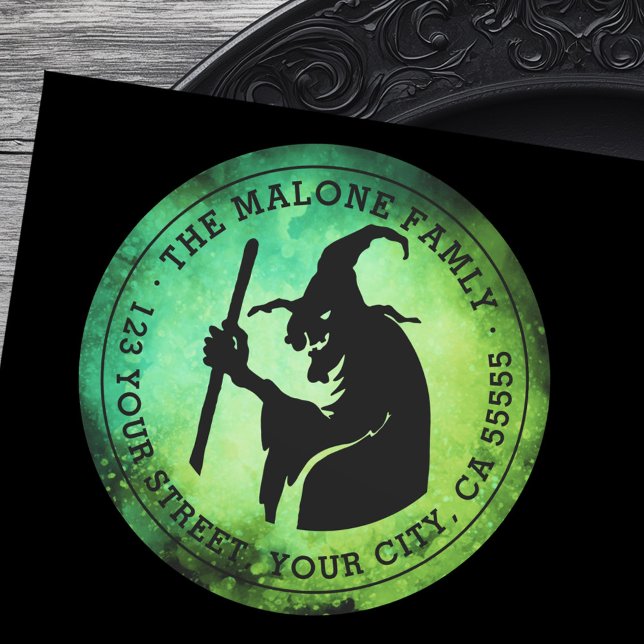 Witch green and black Halloween return address Runder Aufkleber (Witch green and black Halloween return address Classic Round Sticker)