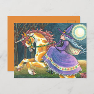 WITCH & HALLOWEEN UNICORN, BLACK CAT Fantasy Horst Feiertagspostkarte