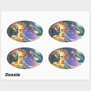 WITCH & HALLOWEEN UNICORN, BLACK CAT Fantasy Ovaler Aufkleber