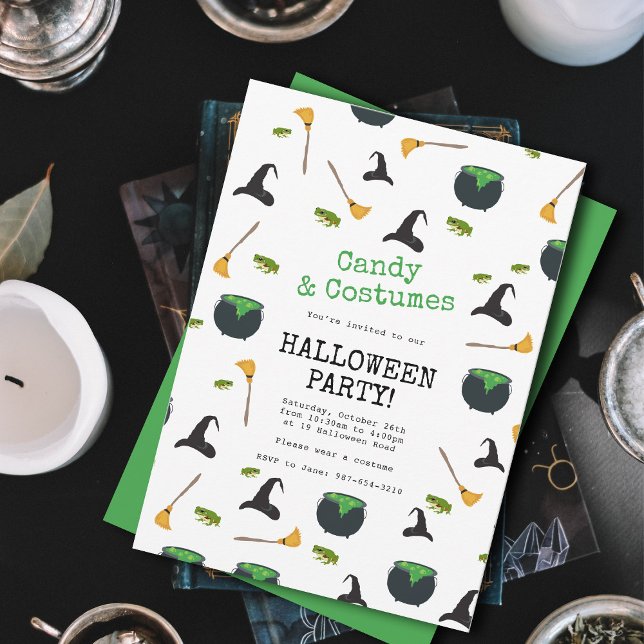 Witch Hat Broom Caldron Green Halloween Party Einladung (Witch Hat Broom Caldron Green Halloween Party Invitation)