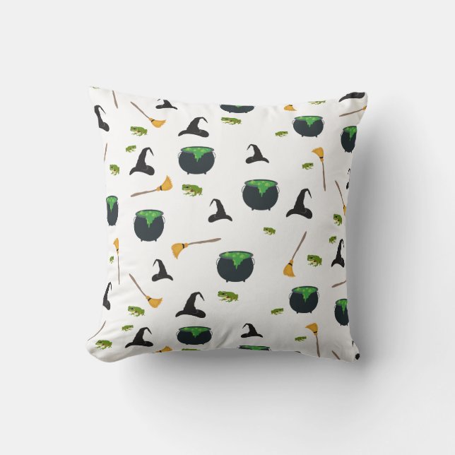 Witch Hat Broom Caldron Halloween Pattern Kissen (Vorderseite)