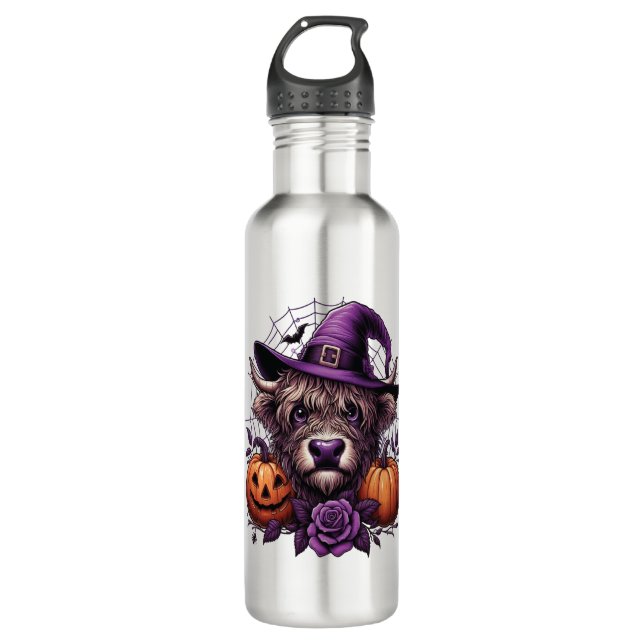 Witch Highland Halloween Cow Edelstahlflasche (Vorderseite)