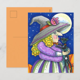 WITCH IST MIT KÜCHEN, SCHWARZEN KATZKISSEN GERÄUMT FEIERTAGSPOSTKARTE