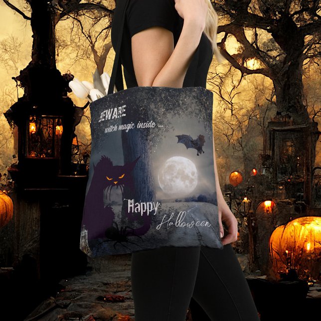 Witch Magic Haunted Halloween Black Cat  (Haunted Halloween tote bag featuring a night landscape with black cat, a spider and bat at full moon)