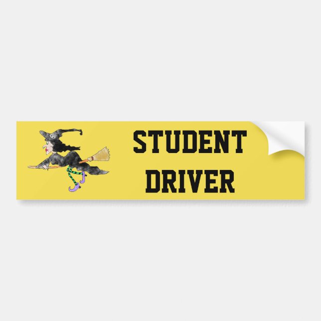 WItch On Broom Student Driver Bumper Sticker Autoaufkleber (Vorne)
