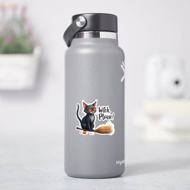 "Witch, Please!" Cool Black Cat on Broom Halloween Aufkleber (HydroFlask)