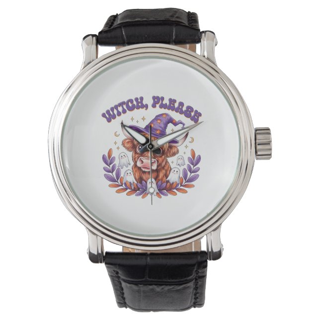 Witch Please Highland Cow Halloween Armbanduhr (Vorderseite)