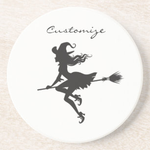 Witch Riding Broom Halloween Thunder_Cove Sandstein Untersetzer