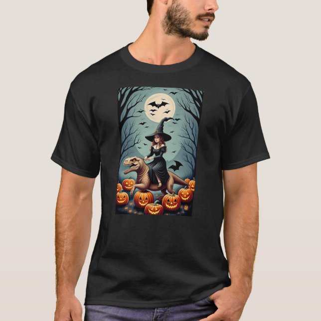 Witch Riding Tyrannosaurus Rex dinosaur in a Pumpk T-Shirt (Vorderseite)