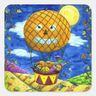 WITCH, SCHWARZE KATZE IN HOT AIR BALLOON FOLART SP QUADRATISCHER AUFKLEBER
