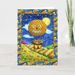 WITCH, SCHWARZE KATZE IN HOT AIR BALLOON FOLK ART  FEIERTAGSKARTE