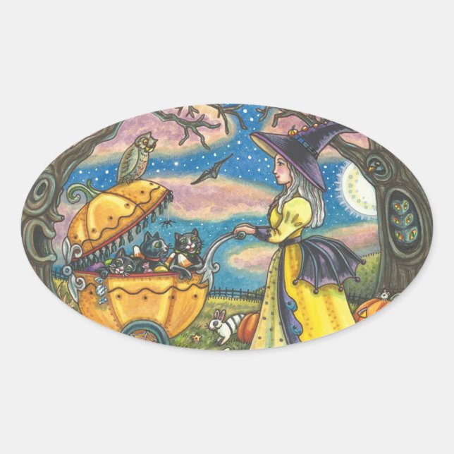 WITCH, SCHWARZE KATZKABEL-BUGGY-STICKERS-Oval Ovaler Aufkleber (Vorderseite)