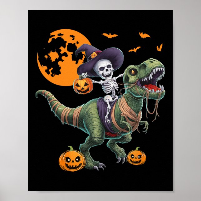 Witch Skeleton Riding Dinosaur T Rex Halloween Fun Poster (Vorne)