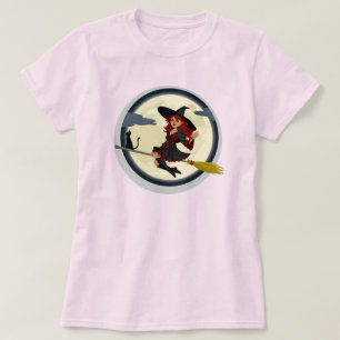 WITCH UND IHRE SCHWARZE KATZE IN BROOMSTICK T-Shirt