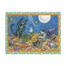 WITCH UND SCHWARZE KATZEN RAKING-BLÄTTER, FUNNY HA