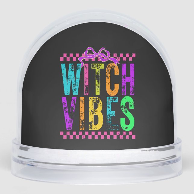 Witch Vibes Halloween Neon Checkered Bow Schneekugeln (Vorderseite)