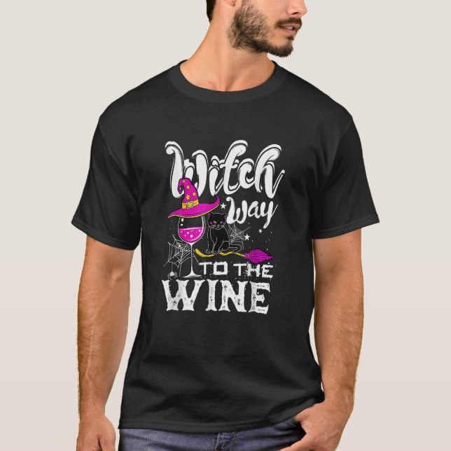 Witch Way O He Wine Halloween Drinking  Black Cat T-Shirt (Vorderseite)