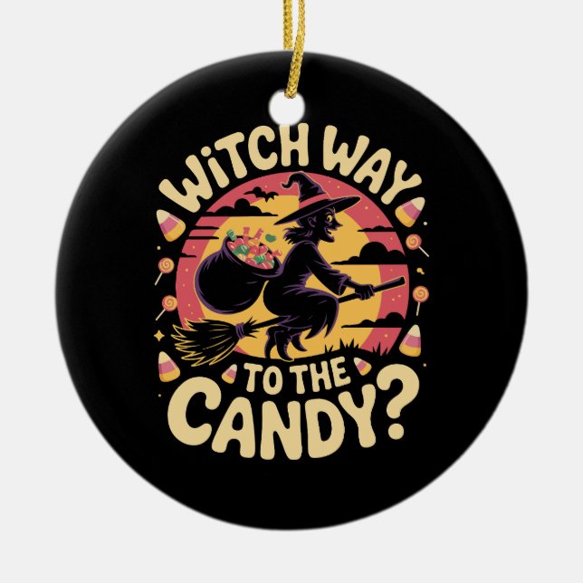 Witch Way to the Candy Halloween T-shirt Keramik Ornament (Vorne)