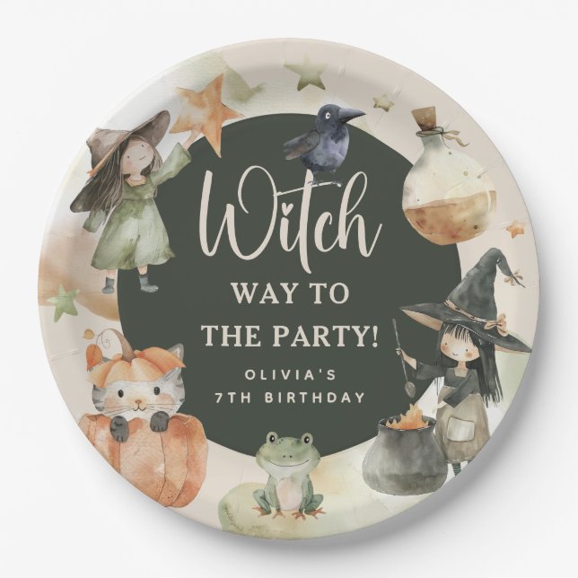 Witch Way to the Party' Kids Halloween Birthday Pappteller (Vorderseite)