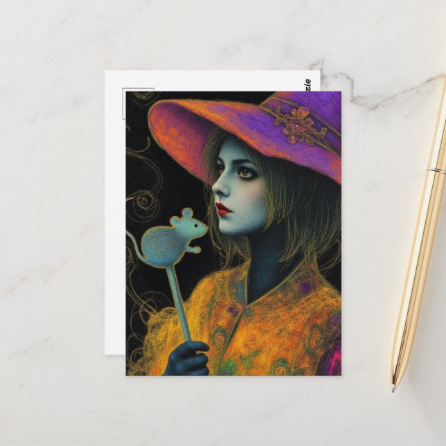 Witch With Mouse Wand Postkarte (Vorderseite/Rückseite Beispiel)