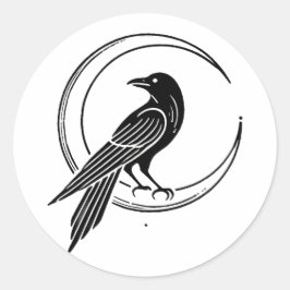 Witchcore Black Raven & Moon Line Art Runder Aufkleber