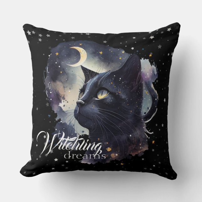Witchling Dreams Black Cat and Stars Kissen (Vorderseite)