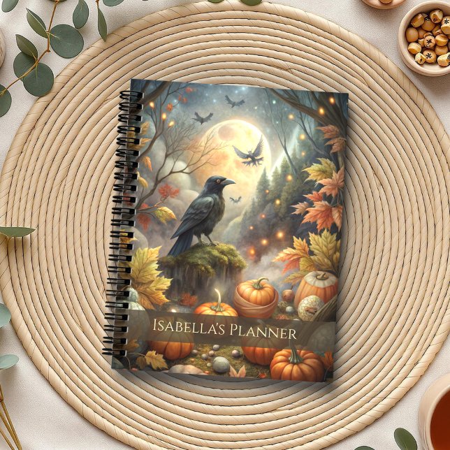Witchy Autumn - Raven & Pumpkin Forest Full Moon Planer (Witchy Autumn – Raven & Pumpkin Forest Full Moon Planner on a boho table with botanicals )