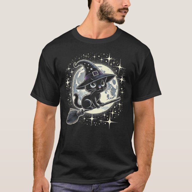 Witchy Black Cat on a Broomstick with Full Moon Ha T-Shirt (Vorderseite)