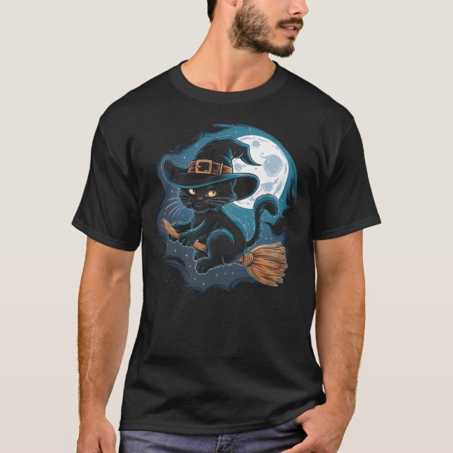 Witchy Black Cat on a Broomstick with Full Moon Ha T-Shirt (Vorderseite)
