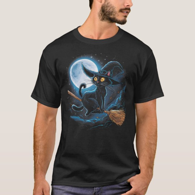 Witchy Black Cat on a Broomstick with Full Moon Ha T-Shirt (Vorderseite)