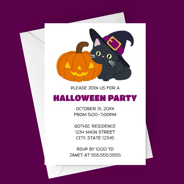 Witchy Cat Halloween-Party Einladung (Cute Cartoon Cat in Witch's Hat and Jack-o-lantern Halloween Party Invitation)