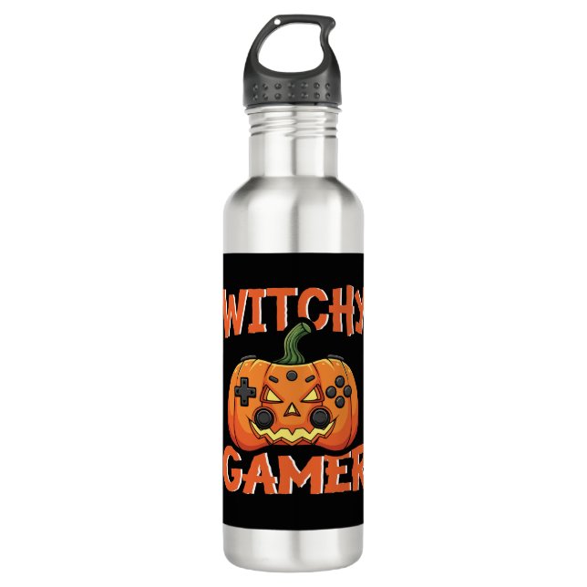 Witchy Gamer Halloween Edelstahlflasche (Vorderseite)