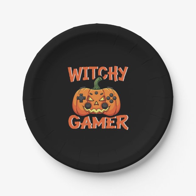 Witchy Gamer Halloween Pappteller (Vorderseite)