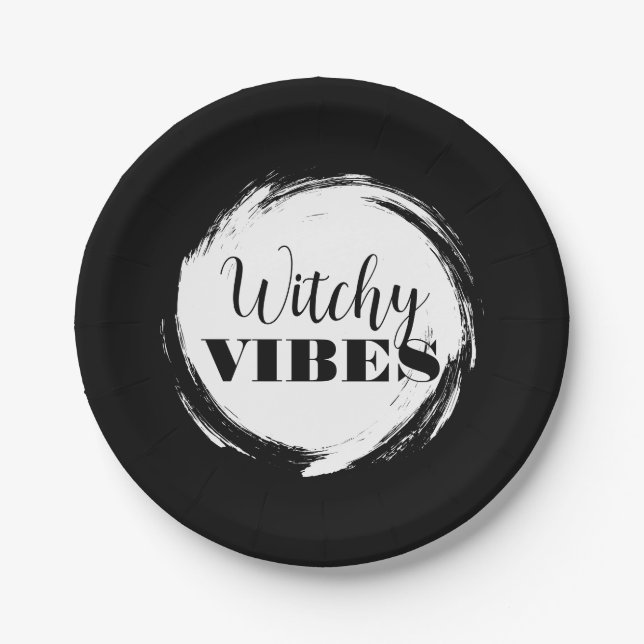 Witchy Halloween Party Black and White Pappteller (Vorderseite)