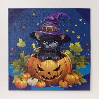 Witchy Kitty in Pumpkin Square Jigsaw Puzzle