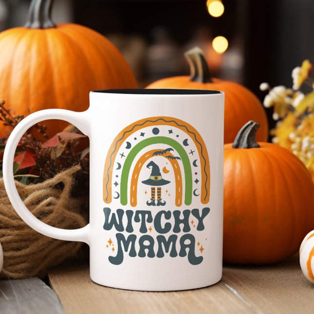 Witchy Mama Mama Mother Rainbow Groovy Halloween Zweifarbige Tasse (Witchy Mama Mom Mother Rainbow Groovy Halloween Two-Tone Coffee Mug)