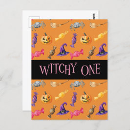 "Witchy One" Orange Halloween Muster Postkarte